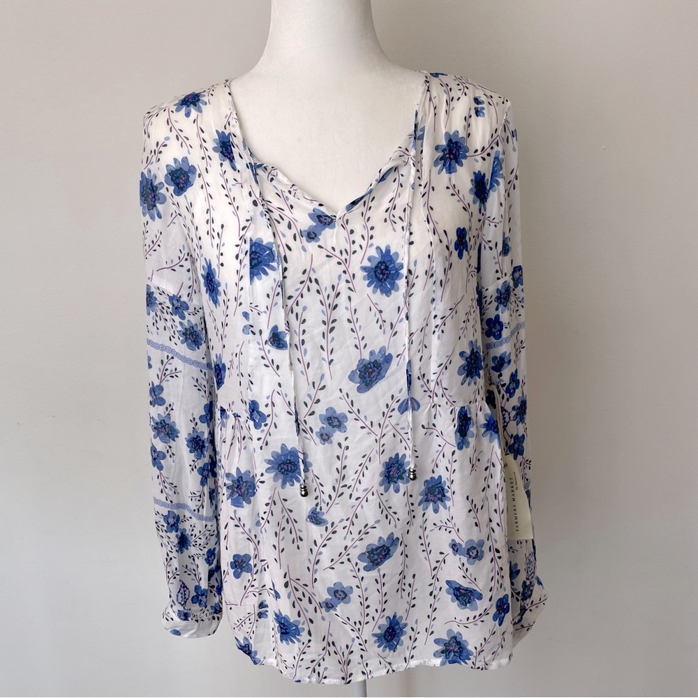 Farmers Market Oneworld Floral Bubble Sleeve Tie Blouse Women’s Size Medium
